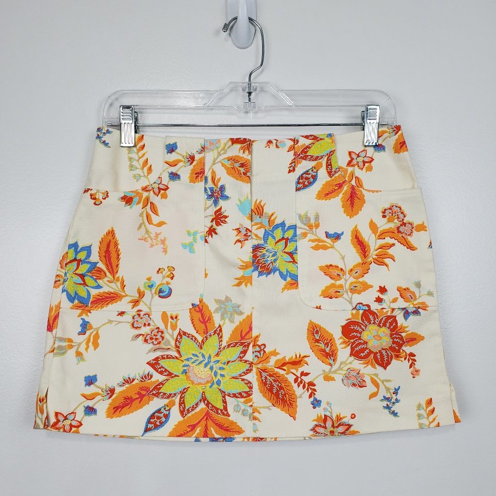 Express Retro Mod Revival Y2K Stretch Colorful  Floral Mini Skirt With Pockets